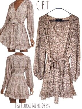 O.P.T. Lea Floral Mini Dress Women's long sleeve V-neck Tie Belt Dainty ruffle M